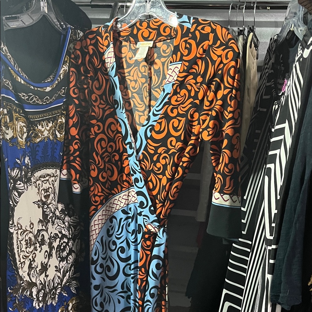 Vibrant Orange and Blue Patterned Wrap Dress